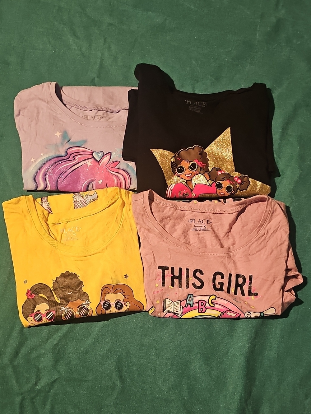 4 Preowned Place Girls Graphic Tee Set - Pink, Yellow, Black, Lavender